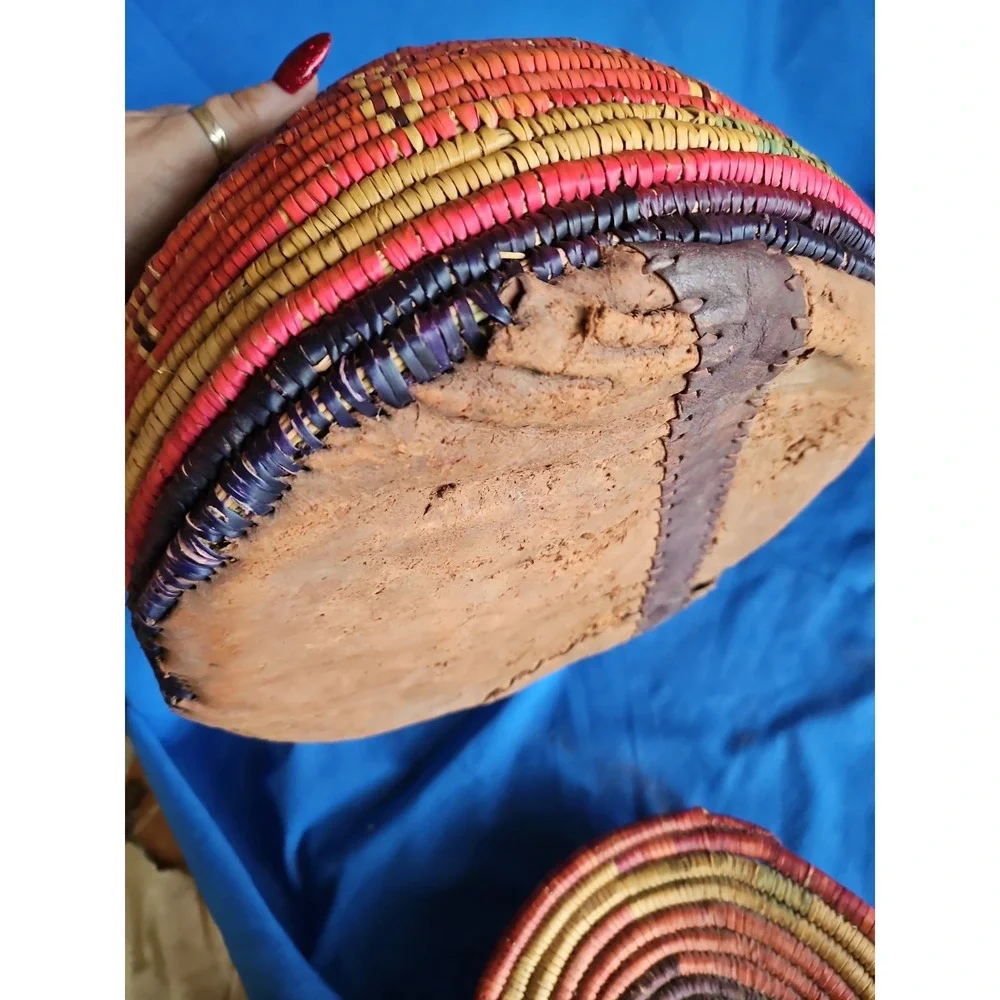 Handwoven Coiled Basket Lidded Storage Rustic Primitive Leather Polychrome 10